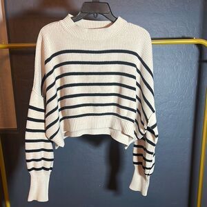 Free People Cream and Black Crew Neck Sweater crop